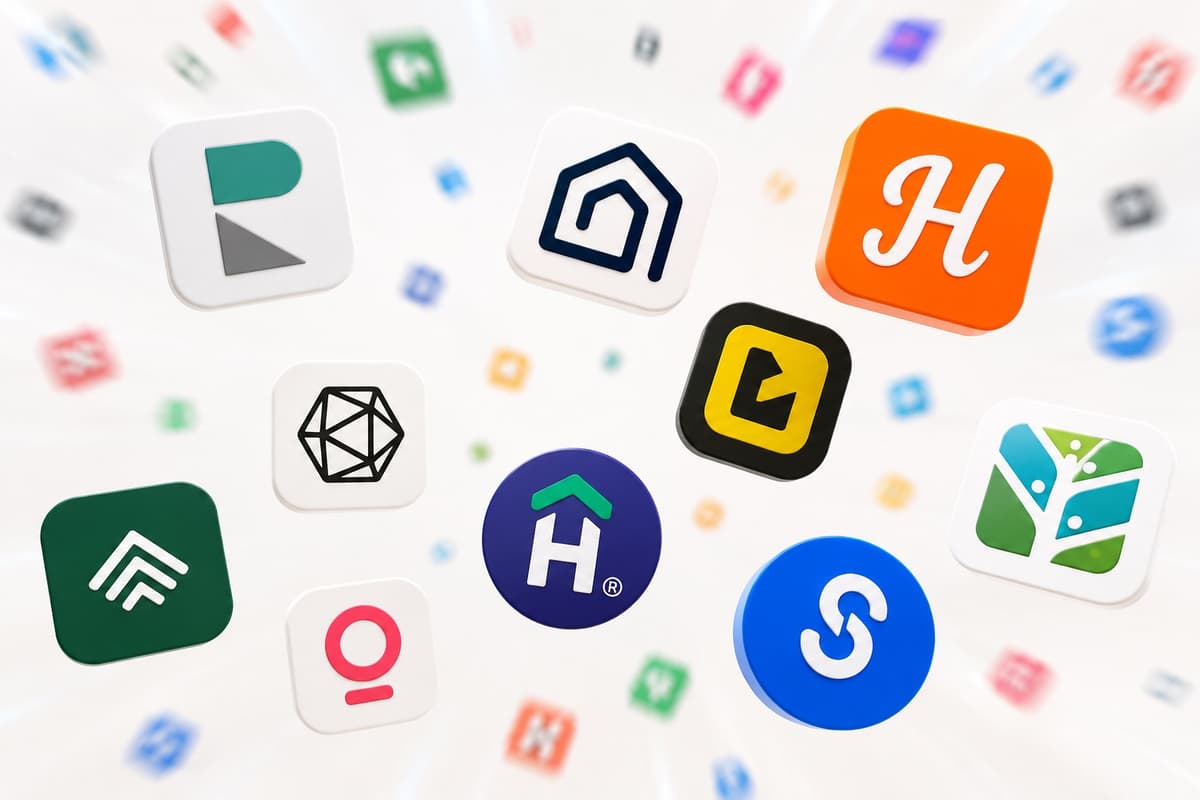 A scattered 3D arrangement of property management software logos — Recal, Guesty, Hostaway, Lodgify and others — suggesting a crowded category