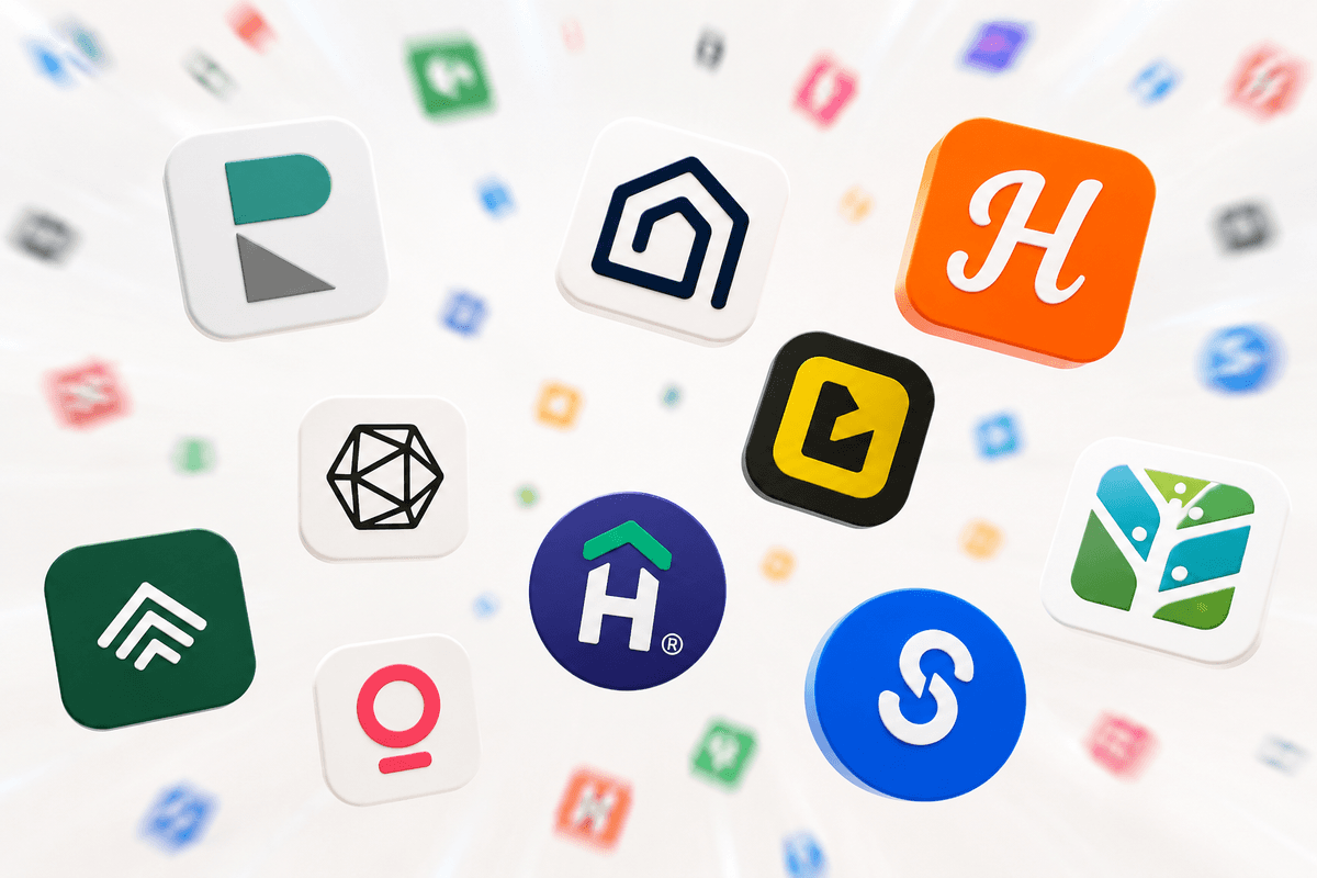 Composición 3D de logos de software de gestión de propiedades — Recal, Guesty, Hostaway, Lodgify y otros — sugiriendo una categoría saturada