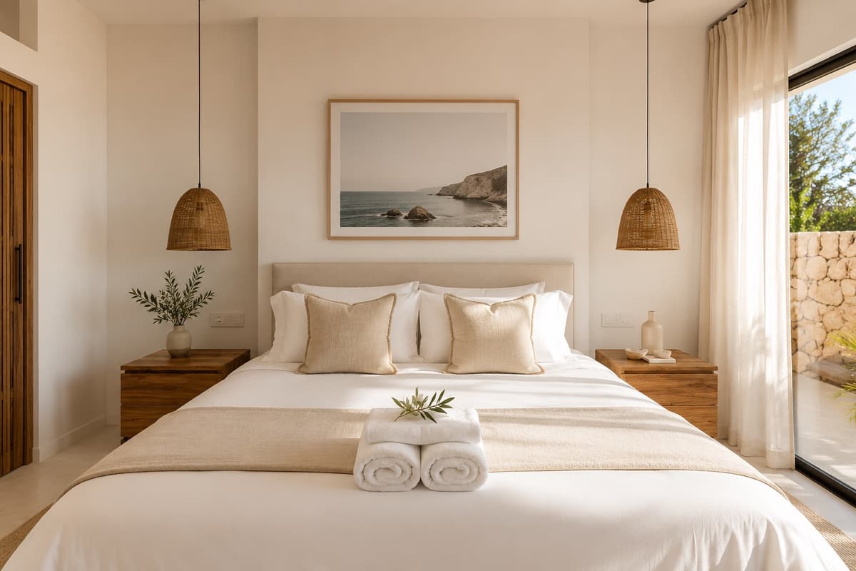 A freshly turned-over villa bedroom — cream linens, two rolled towels with an olive branch on the bed, rattan pendant lamps, a framed coastal print, soft natural light from the open terrace door