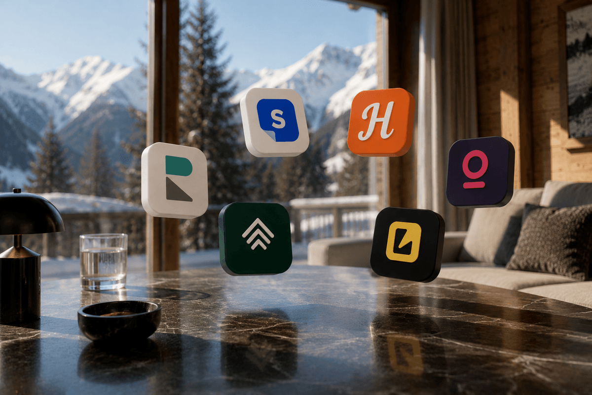 Vacation rental platform logos floating above a table in an alpine chalet — the channel-manager market a host chooses from