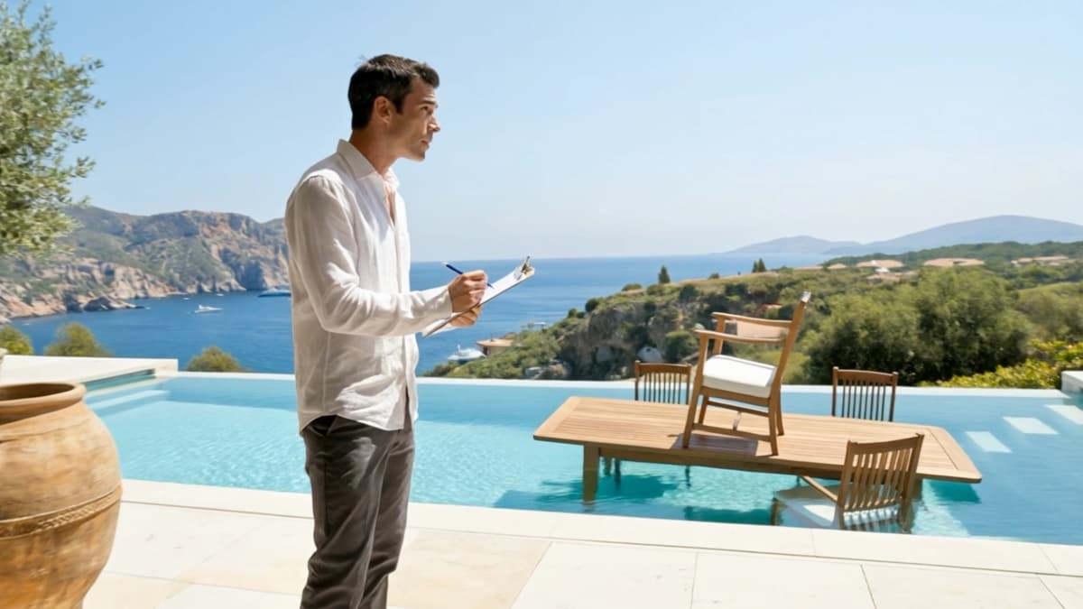 A villa manager in a linen shirt standing by an infinity pool, clipboard in hand, doing a property inspection above the Mediterranean