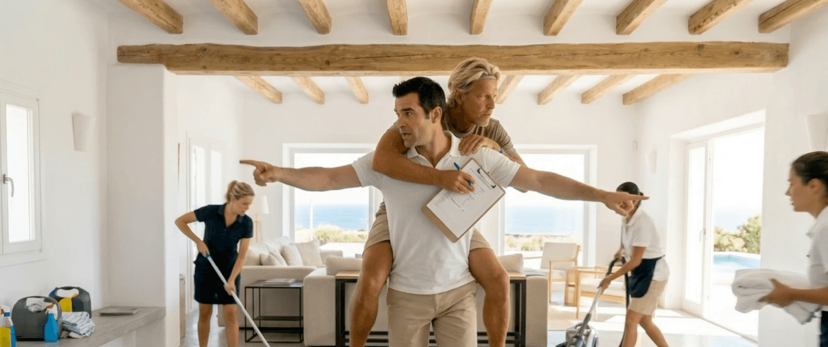 A property manager with a clipboard directs cleaning staff around a bright villa living room while carrying the owner on his back