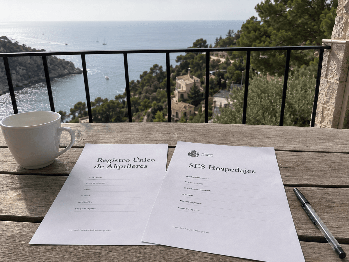 Two Spanish rental forms side by side on a sunlit table above the Mediterranean — 'Registro Único de Alquileres' and 'SES Hospedajes' — the two systems managers confuse