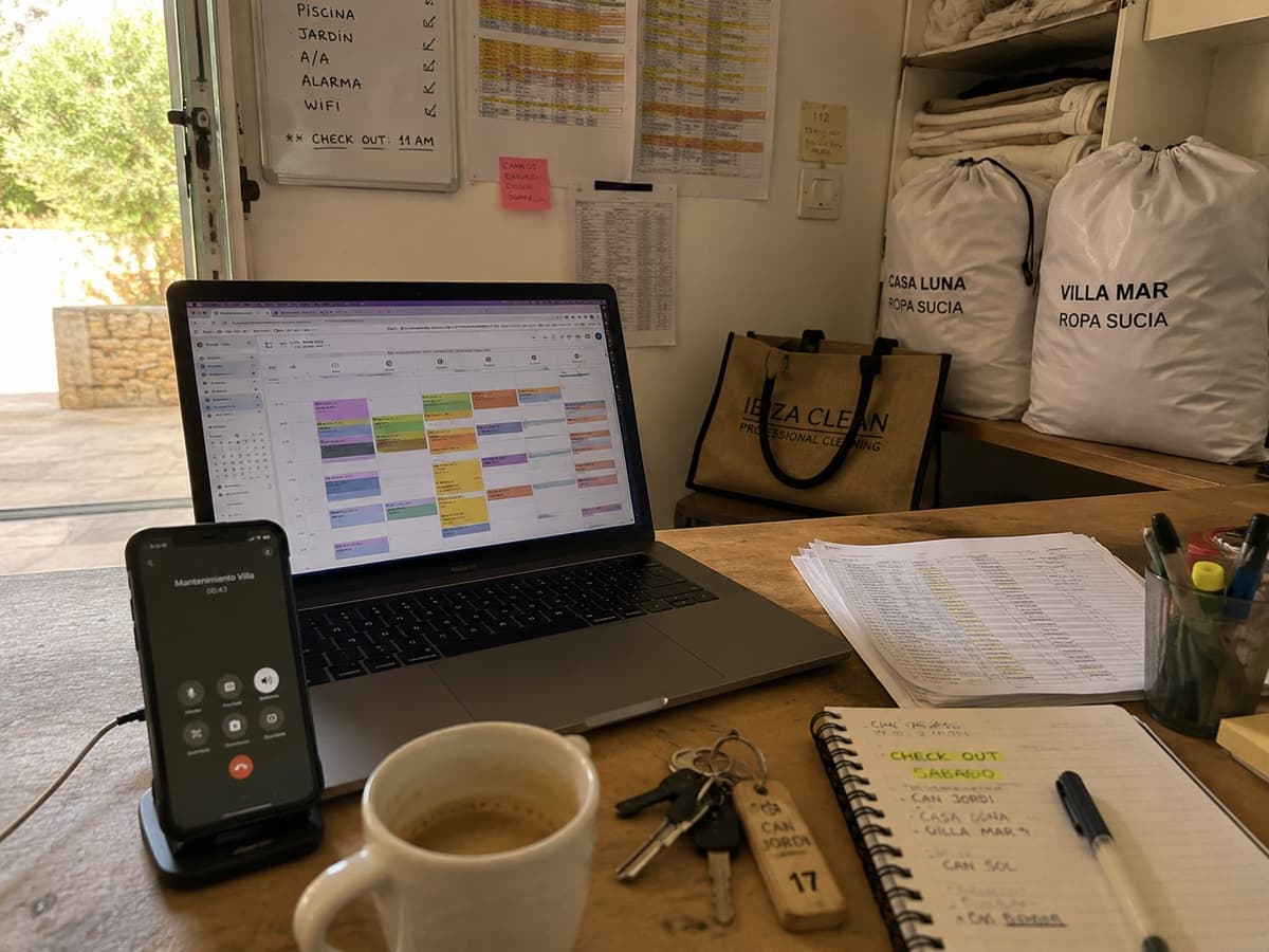 Working desk inside a villa agency office — laptop showing a calendar, phone, keys, owner notebook, and labelled laundry bags ready for changeover