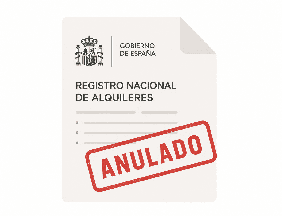 A Spanish government document titled 'Registro Nacional de Alquileres' under the Gobierno de España coat of arms, stamped in red with the word 'ANULADO' (annulled)