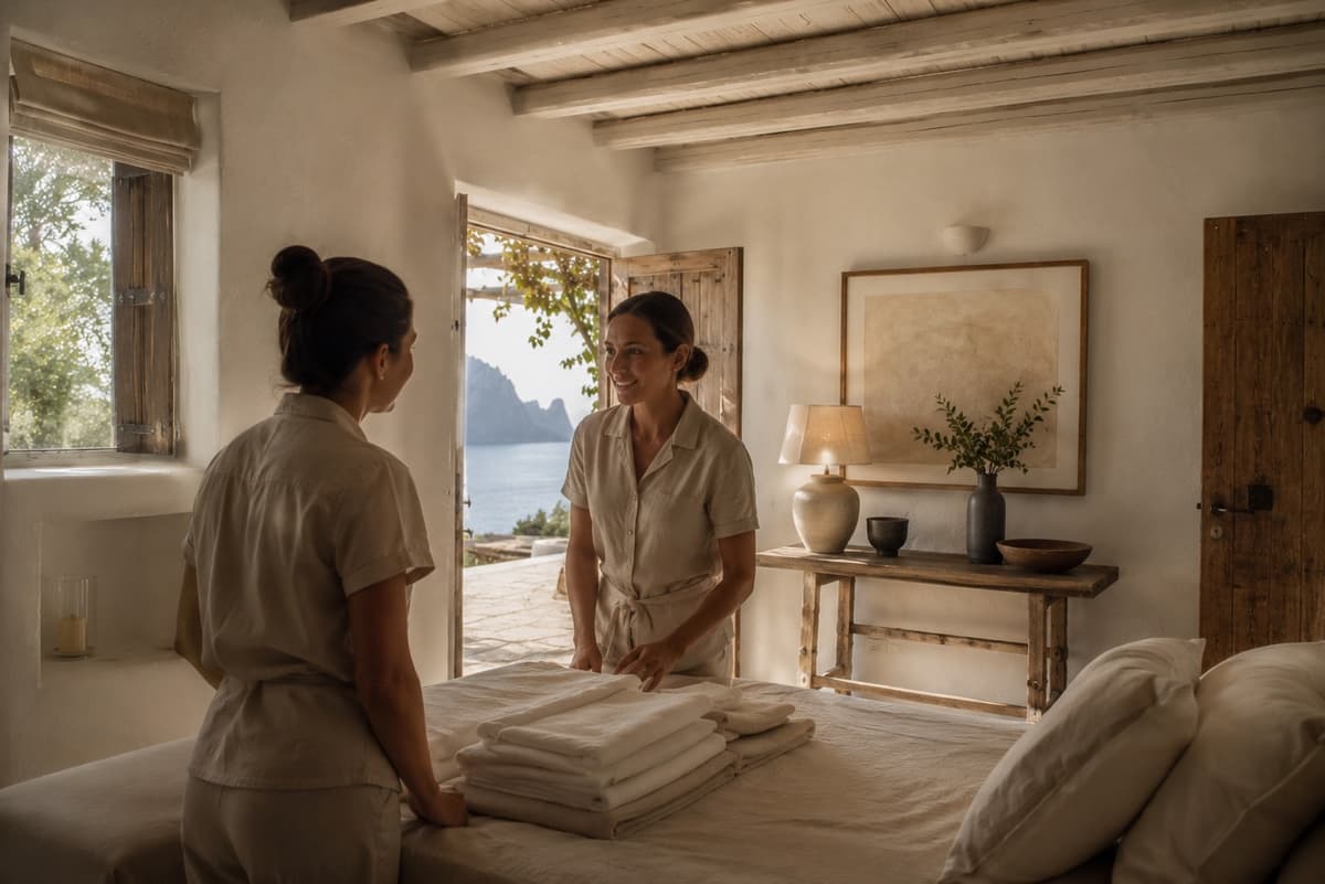 Two villa housekeepers handing over inside a guest bedroom, freshly folded linen on the bed