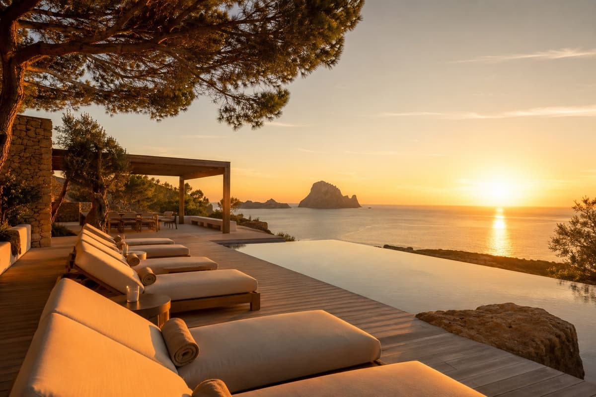 Sun loungers on an infinity pool deck at golden hour, Es Vedrà rising from the sea
